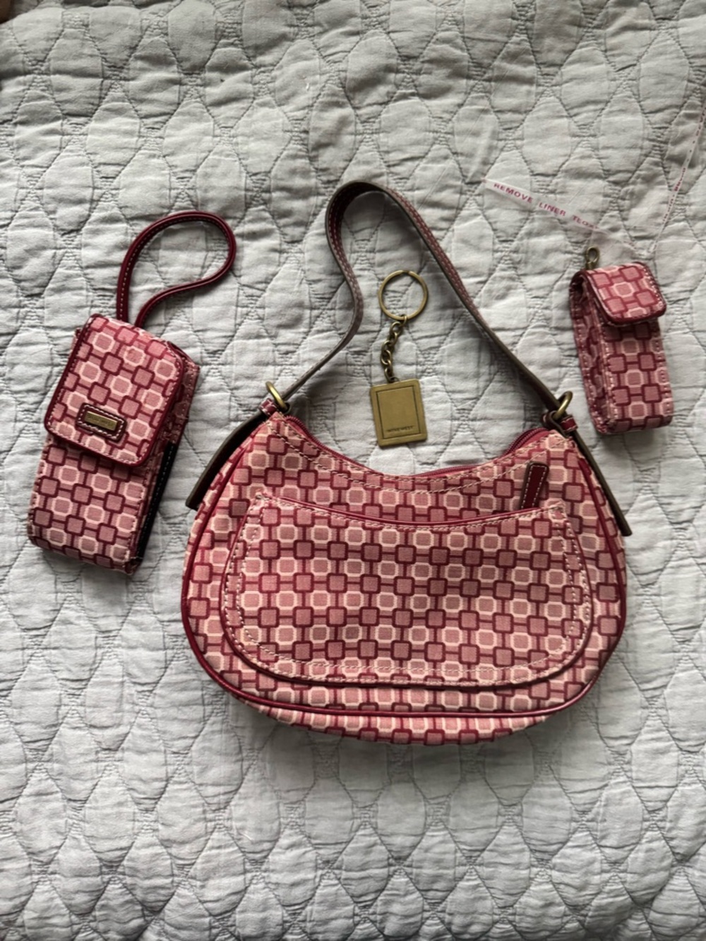 Red Patterned Shoulder Bag with Matching Accessories